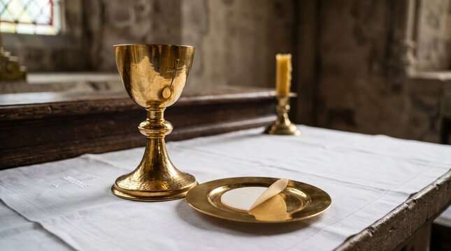 A golden chalice and paten with host sit on a white altar cloth. A blurred candle and stone wall provide a solemn church background.