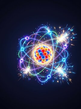 A vibrant scientific model of a complex atom showing the central nucleus and swirling electrons emitting bursts of energy, rendered in brilliant colors, physics, radioactivity, subatomic particles