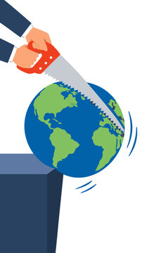 Businessman in suit using red handsaw to slice through planet Earth globe teetering dangerously over dark blue edge, symbolizing environmental destruction in flat vector illustration