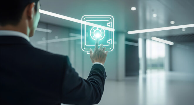 Businessman interacting with glowing virtual safe icon in modern office environment.
