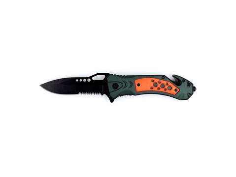 Safety pocket knife with glass breaker, cutter blade, and ergonomic handle, isolated on a white background. Top view.