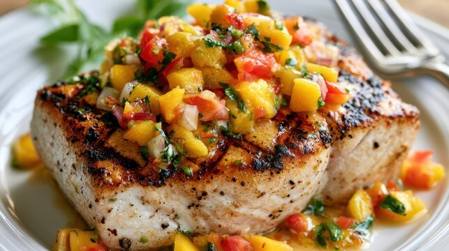 Freshly cooked mahi-mahi steak with a tropical mango salsa topping, vibrant colors, bright summer lighting