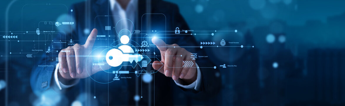 Director hands touch secure scanner Access Management user role network portals verifying identity credentials. Biometric authentication technology guarantees a safe, protected workspace.