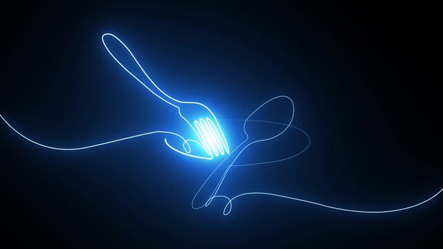 Glowing blue neon line art of a spoon and fork on a dark background