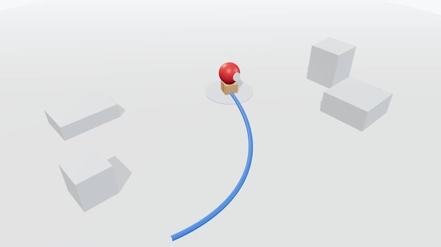 A premium miniature 3D logistics world where a soft-matte location pin lands with realistic physical bounce, activates expanding radar waves, then guides a generic package smoothly along a curved trac