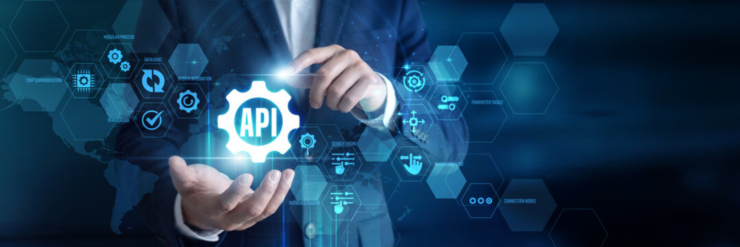 Software developer hand-holds and touch API (Integration) endpoints on a virtual digital screen. Professional analyzing seamless software connectivity, cloud data transfers, and system workflows.