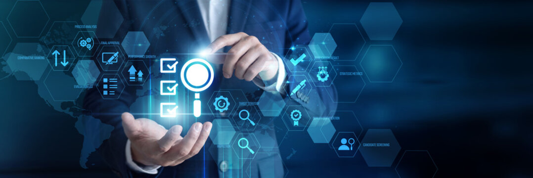 Quality manager hand-holds and touch Assessment metrics on a futuristic glowing hologram screen. Professional analyzing performance evaluations, digital compliance data, and growth stats.