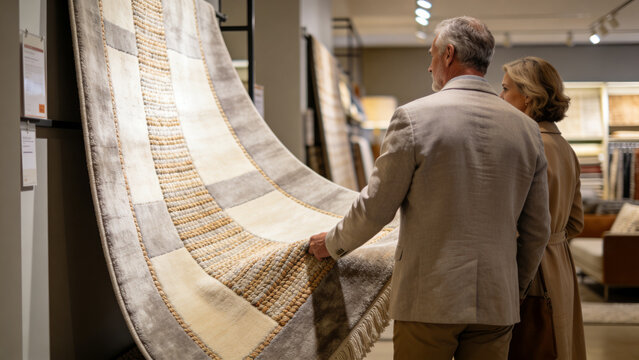 Elegant interior showroom featuring mature couple examining large decorative rug display with textured wool surface neutral beige cream gray palette woven patterns soft fibers handcrafted craftsmanshi