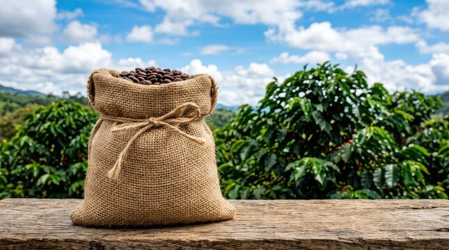 Close-up of a rustic coffee bean bag on a farm, with vibrant green bushes and a bright blue, cloudy sky highlighting a natural environment, harvest, growth, plant