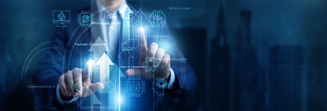 Scientist touching icon and word Artificial Intelligence on a futuristic global network dashboard projecting machine learning algorithms. Next generation computing systems and automation.