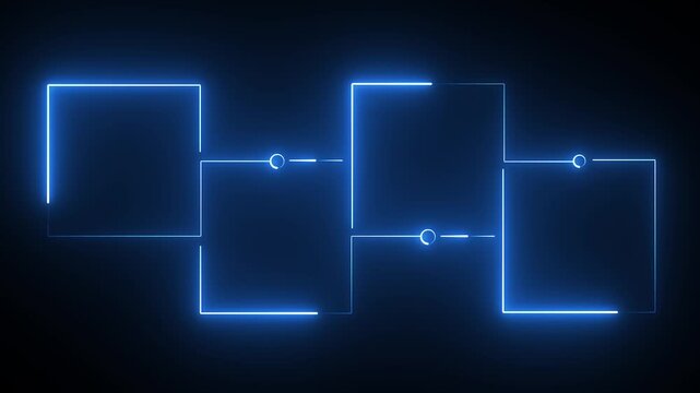 Abstract blue neon glowing squares connected by lines forming a digital flowchart on black background