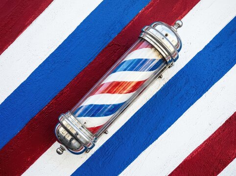 Diagonal stripes of red, blue, and white with a rough, textured finish, evoking a classic barbershop design and vintage American style, traditional, aged, pattern