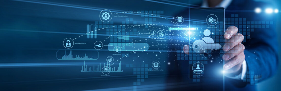 Security specialist working on mobile Access Management protocols. Administrator using a tablet analyzing user authentication logs and secure authorization graphs on a glowing 3D screen.