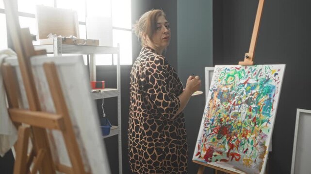 Woman painter holds paintbrush and palette while smiling and painting on an easel in a bright studio; creative joy.