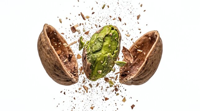 A close-up shot captures a vibrant green pistachio cracking open its brown shell, with fragments scattering outwards. The image conveys a sense of freshness and the raw beauty of natural food
