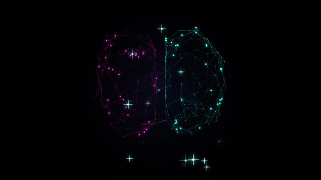 Digital representation of human brain hemispheres with glowing nodes and connecting lines on a black background