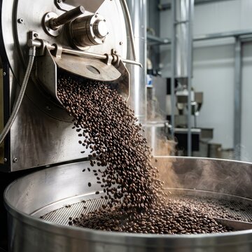 Roasted coffee beans pouring from industrial roaster. A vibrant flow of dark roasted beans falls into a steel cooling tray, generating steam, food industry, machine, processing plant
