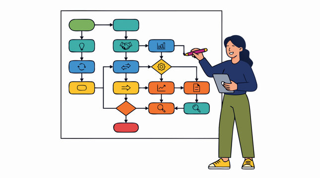 Female process analyst holding a digital tablet and marker pen to map connective flowchart diagram symbols on a presentation board in structural thinking vector illustration on white