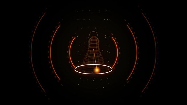 Abstract digital representation of a bell shape with glowing particles and circular radar interface lines on a black background