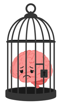 Vector illustration of a sorrowful pink brain character locked behind black metal bars inside a hanging birdcage with a front keyhole against an empty clean solid white background space
