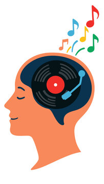 Vector illustration of a calm orange human profile with a black vinyl record disc spinning in the thoughtful mind and emitting multicolored musical notes upward on a solid white backdrop