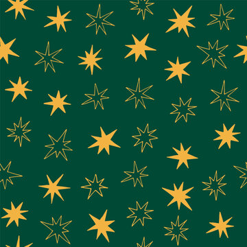 Yellow star Christmas pattern on green background. Seamless repeat pattern for decorative holiday design, textile print, wrapping paper. Hand drawn vector illustration. Tileable texture