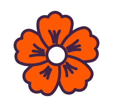 Cartoon flower with five petals, orange with black outline illustration isolated. Daisy blossom, abstract geometric flower. Decorative Halloween floral design element, clip art. Hand drawn vector