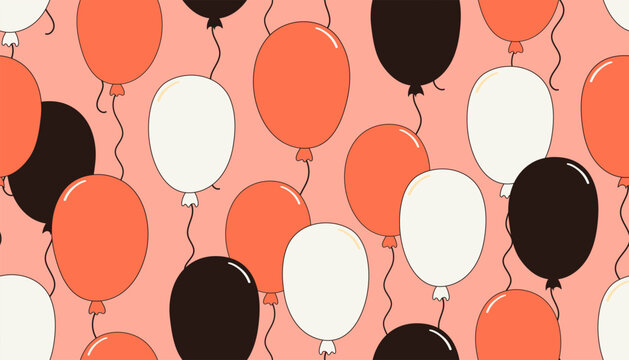 Flying orange, black, white air balloons Halloween seamless pattern on pink background. Decorative holiday print, textile, paper design. Hand drawn vector illustration, line drawing