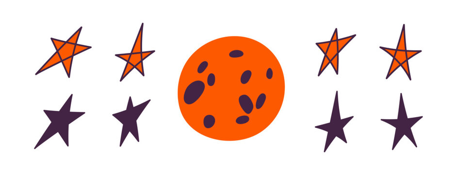 Full moon, black, orange star illustration set isolated. Halloween, Christmas holiday design element. Starry sky, night, bed time, space, cosmos, galaxy clip art. Hand drawn vector on transparent