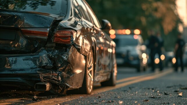 Car crash on a city street during late afternoon with emergency response vehicles