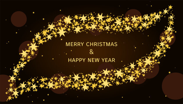 Merry Christmas and Happy New Year golden glittering stars, text, luxurious illustration on dark background. Elegant card, banner design, border, frame with copy space. Decorative vector elements