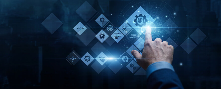 Software developer touch network console utilizing API (Integration) to connect global cloud services and seamless system performance graph on hologram screen. Modern software infrastructure.