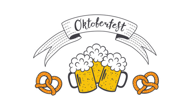 Oktoberfest handwritten brush lettering quote on ribbon, beer steins, soft pretzel illustration. Traditional German beer fest, festival design element, banner, poster. Hand drawn vector
