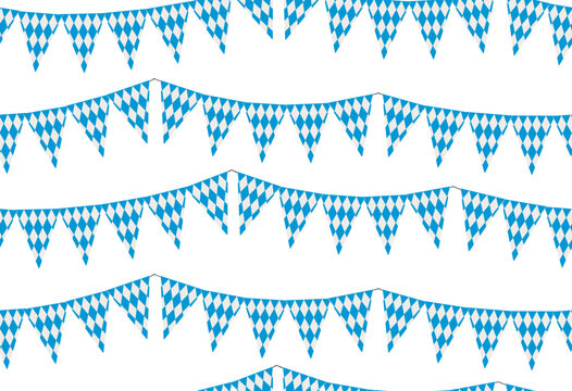 Oktoberfest decorations, bunting, flags with Bavarian blue white diamond seamless pattern. Flag of Bavaria colors. Traditional German beer fest, festival design element, banner, poster. Vector graphic
