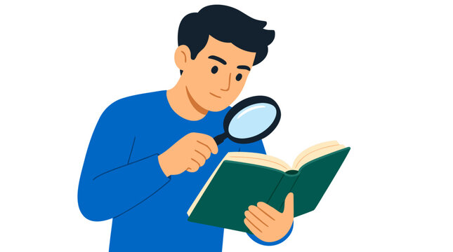 A colorful vector illustration of a curious young man in a blue sweatshirt inspecting open pages of a dark green hardcover book using a round magnifying glass over a solid white backdrop