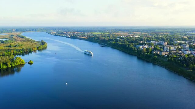 Uglich, Russia. Uglich city from the air. Cruise ship on the Volga river. Early morning. Drone footage