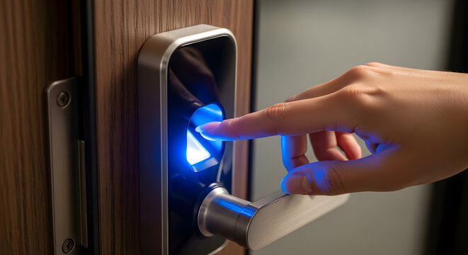Woman finger pressing biometric fingerprint scanner on smart lock security door handle.
