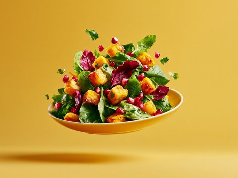 Roasted squash and pomegranate salad with mixed greens floating against a vibrant yellow background in a round bowl, showcasing colorful ingredients and textures