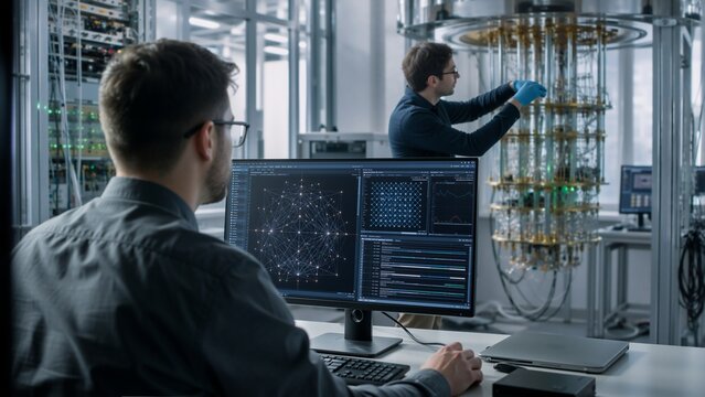 Two scientists work in a high-tech lab with quantum computer hardware and advanced data visualization on computer screens, focusing on quantum technology research.