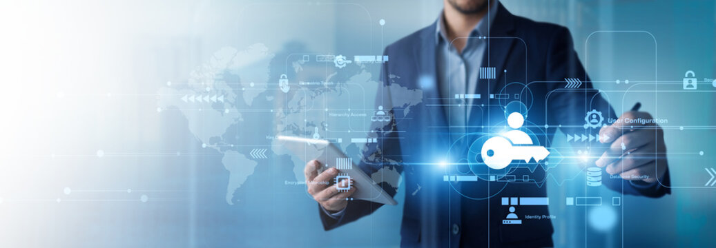 IT administrator points at an Access Management dashboard, linking user identities through a secure network while reviewing permissions, authentication, and system access. Digital concept.