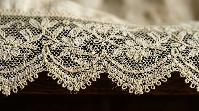 Exquisite antique ivory handmade crochet lace trim with delicate floral motif macro shot, showcasing vintage textile craftsmanship and timeless elegance design.