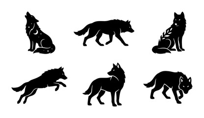 Obraz premium Wolf Silhouettes Vector Set: Howling, Running, Sitting Wild Animals Collection