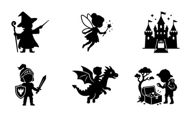 Fototapeta premium Fantasy Icons Set: Wizard, Fairy, Castle, Knight, Dragon Rider, Treasure Hunter Vector Graphics