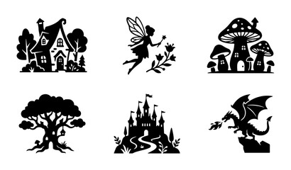 Fototapeta premium Fantasy Vector Icons: Fairy, Dragon, Castle, Mushroom House, Enchanted Tree, Cottage