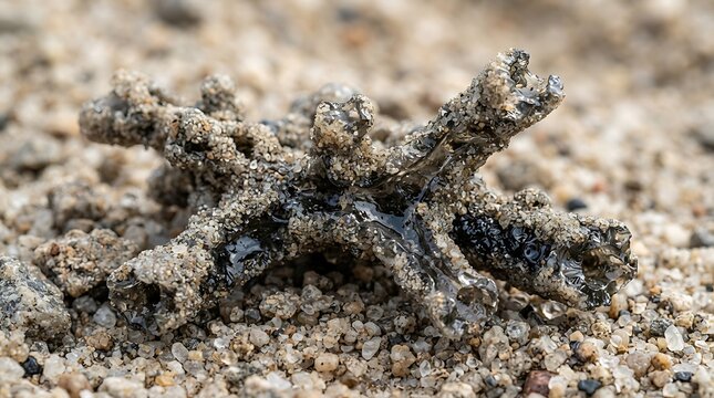 Macro shot of a fulgurite sand tube, lightning glass formation on sandy beach ground, natural earth science geology specimen, rough textured earth design photography.