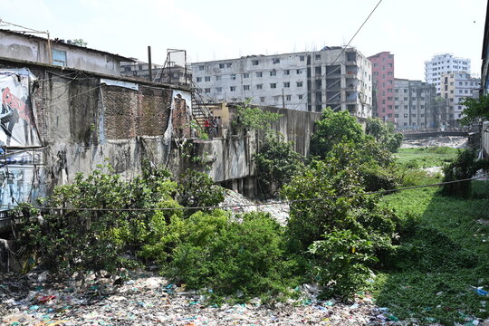 Dhaka, Bangladesh - 14 September 2026: View of a neglected urban area with overgrown vegetation and accumulated waste near a concrete wall in Dhaka.