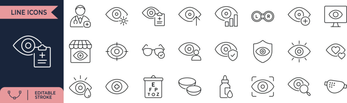 Eye care and vision line icon set featuring optical, medical healthcare, and sight care symbols. Editable vector illustration.

