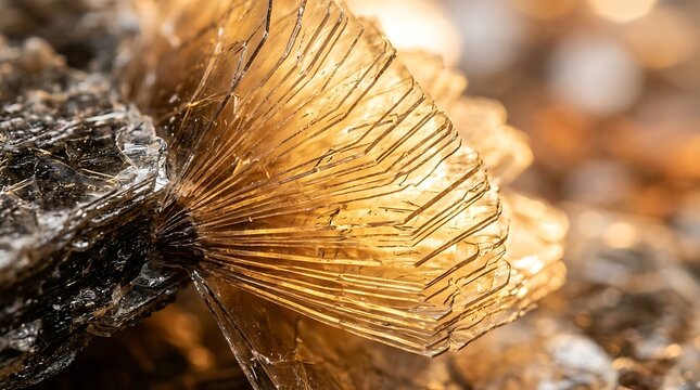 Stunning macro photography of gleaming golden mica mineral crystal sheets, showcasing intricate layered textures and glowing natural sunlight for geological.