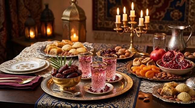 Stunning ramadan iftar dining table setup with glowing candles, sweet dates, pomegranate, baklava, and traditional rose water drinks in warm cozy ambient lighting.