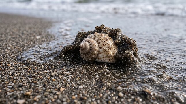 A solitary seashell rests on a sandy beach, with gentle waves washing ashore. The intricate spiral pattern of the shell is clearly visible against the textured sand and sparkling water